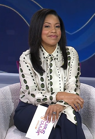 Sheinelle's white and green print tie neck blouse on Today