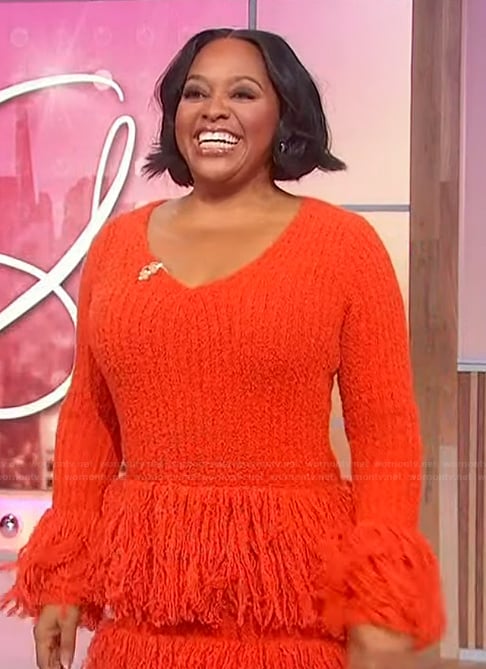 Sherri's orange fringe trim dress on Sherri