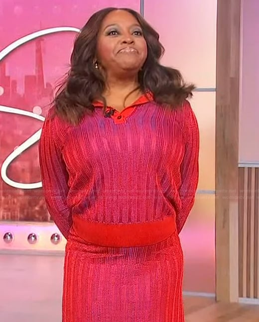 Sherri's red ribbed polo and skirt on Sherri