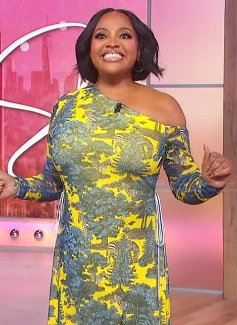 Sherri's yellow printed mesh off shoulder dress on Sherri