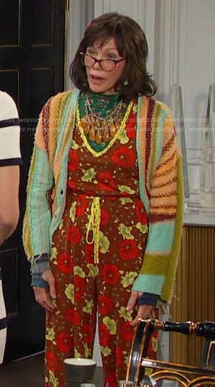Susan's brown floral print jumpsuit on Days of our Lives