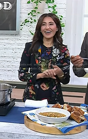 Suzy Karadsheh's black floral print dress and blazer on Today