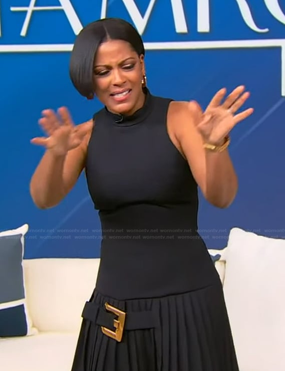 Tamron's black buckle mini dress on Tamron Hall Show