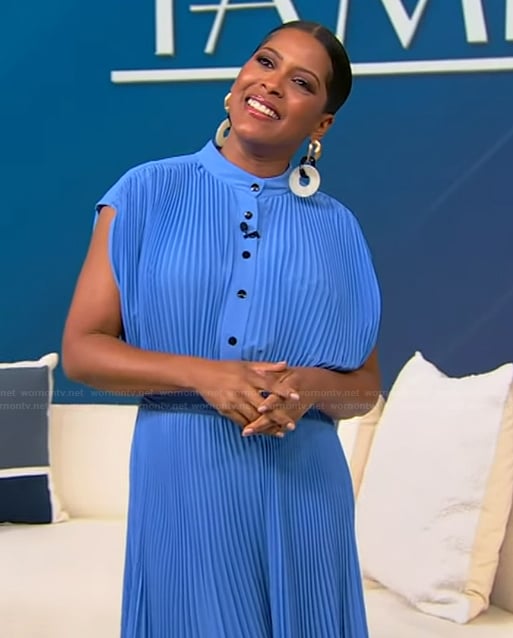 Tamron's blue pleated button front dress on Tamron Hall Show