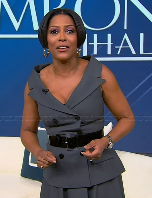Tamron's gray double breasted dress on Tamron Hall Show