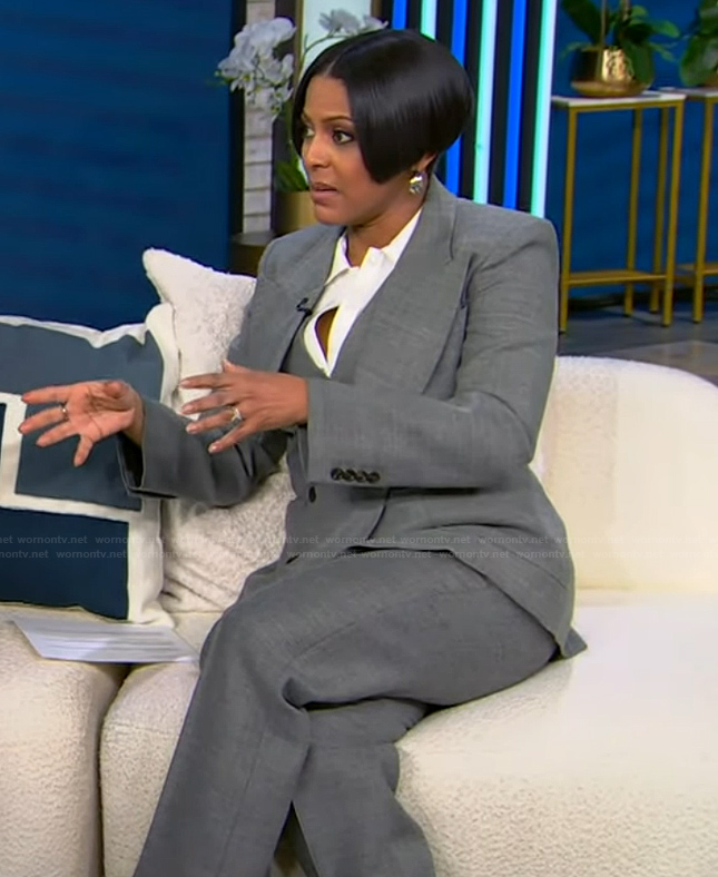 Tamron's gray double breasted suit on Tamron Hall Show