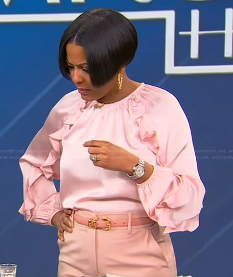 Tamron's pink ruffle blouse on Tamron Hall Show