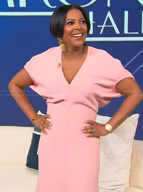 Tamron's pink v-neck dress on Tamron Hall Show