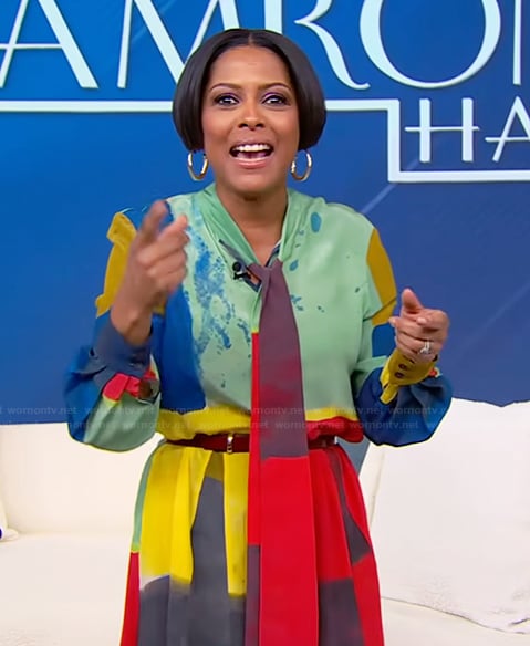 Tamron's printed tie neck maxi dress on Tamron Hall Show