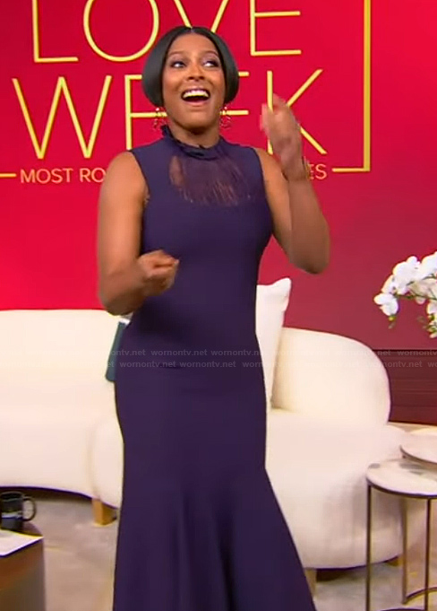 Tamron's purple lace panel sleeveless dress on Tamron Hall Show
