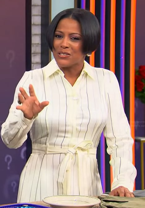 Tamron's white striped shirtdress on Tamron Hall Show
