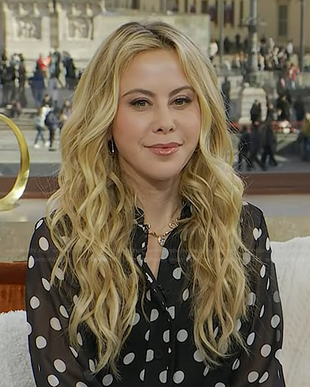 Tara Lipinski's black polka dot sheer blouse on Today
