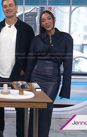 Tayshia Adams's navy cropped shirt and leather pencil skirt on Today