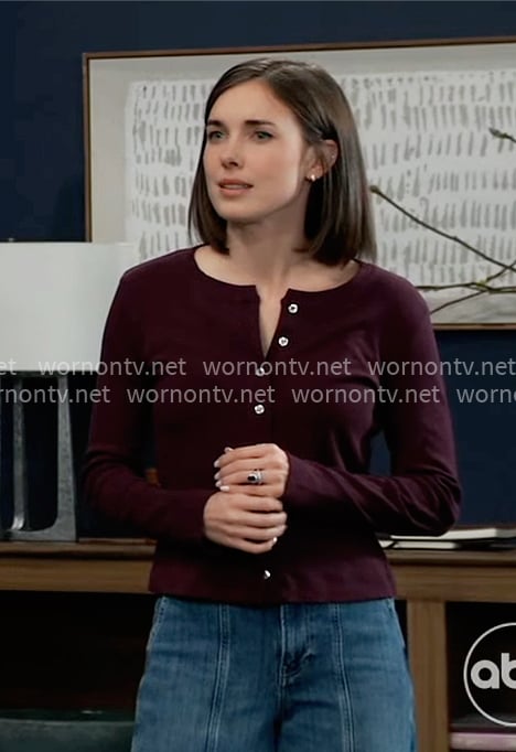 Willow's purple cardigan and jeans on General Hospital
