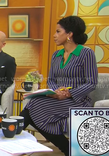 Adriana Diaz's navy striped polo dress with green collar on CBS Mornings
