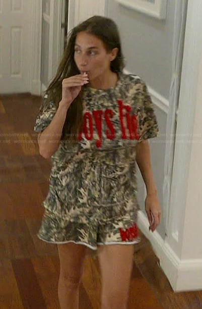 Amanda's boys lie camo top and shorts on Summer House