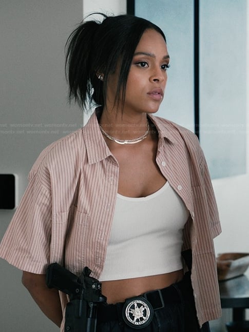 Andrea's pink striped cropped shirt on Marshals