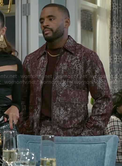 Andre's burgundy jacket and pants set on Beyond the Gates