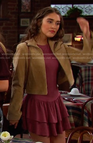 Ari's pink ruffle mini dress and suede jacket on Days of our Lives
