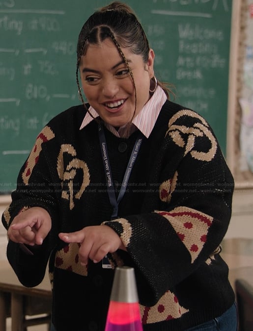 Ashley's black printed sweater on Abbott Elementary