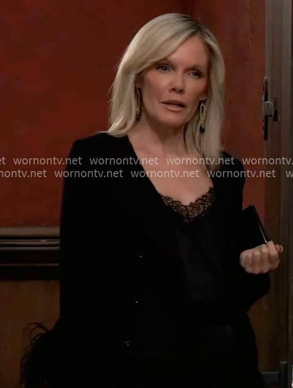 Ava's black feather trim jacket on General Hospital