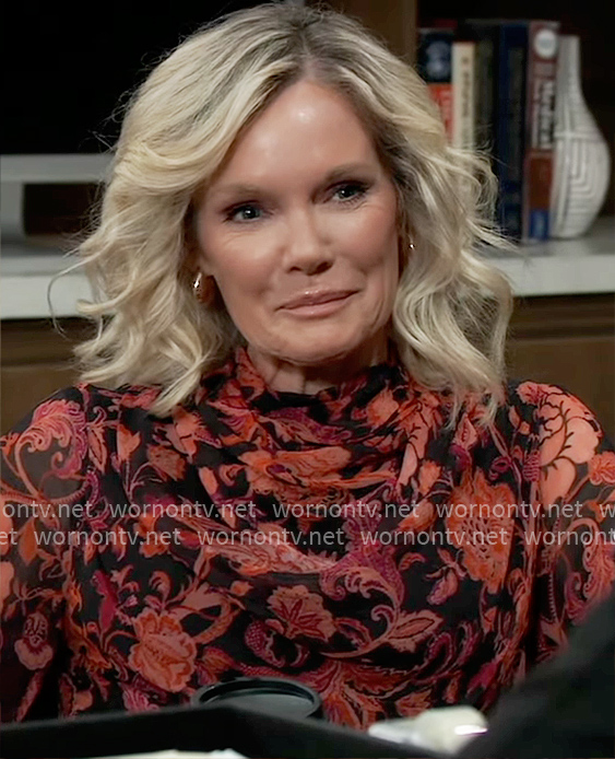 Ava's red floral cowl neck blouse on General Hospital