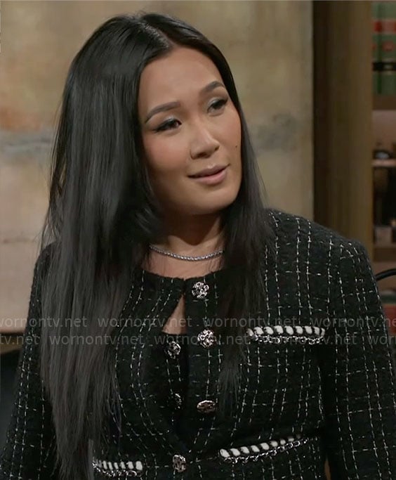 Caroline's black tweed button front dress and jacket set on Beyond the Gates