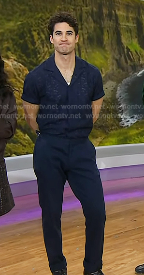 Darren Criss's navy embroidered shirt and pants on Today