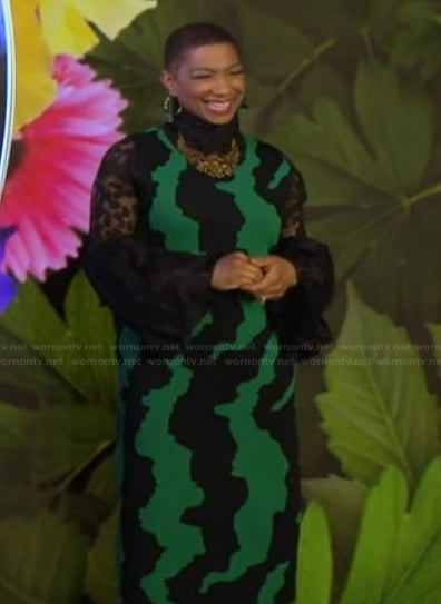 Deja Vu's green abstract print dress on Live with Kelly and Mark