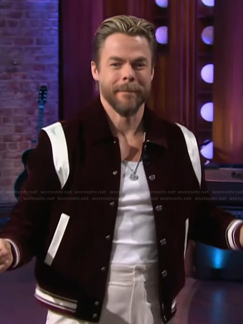 Derek Hough's maroon stripe jacket on The Kelly Clarkson Show