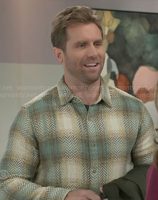 Derek's green herringbone and plaid shirt on Beyond the Gates