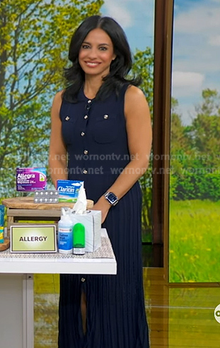 Dr. Tara Narula's navy sleeveless pleated dress on Good Morning America