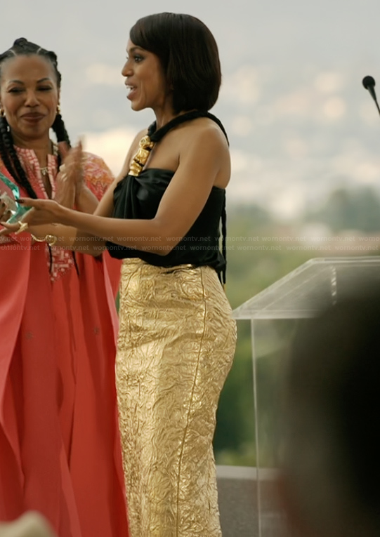 Eleanor's black top and gold metallic skirt on Imperfect Women