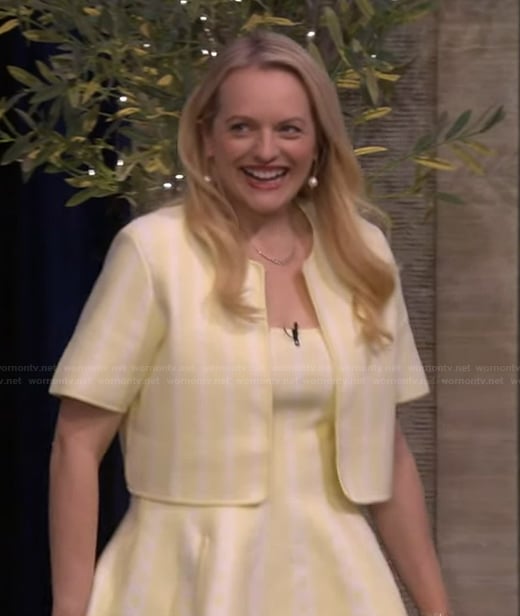 Elizabeth Moss's yellow striped cardigan and dress on Live with Kelly and Mark