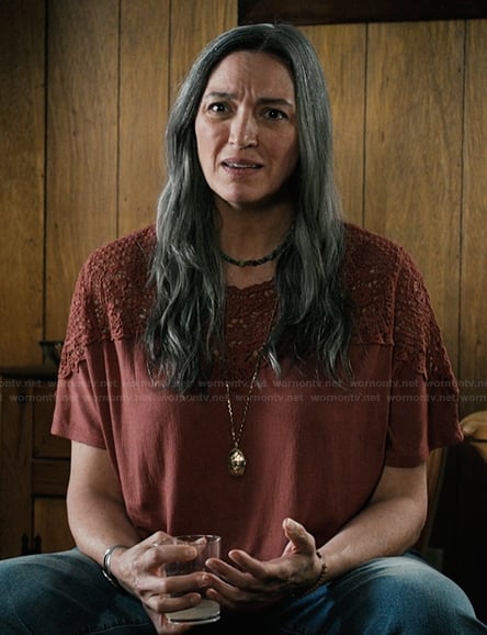 Elle's maroon lace inset top on Marshals
