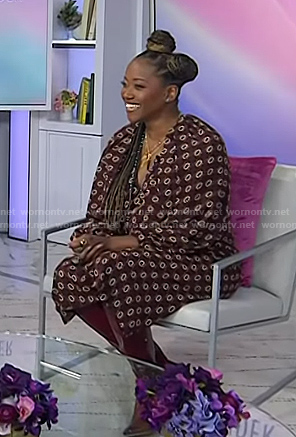 Erika Alexander's brown geometric print wrap dress on Today