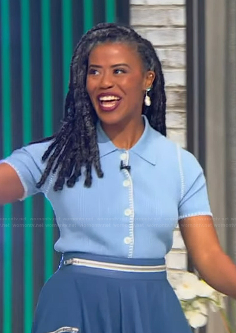 Faith Roberson's blue knit polo cardigan on Tamron Hall Show