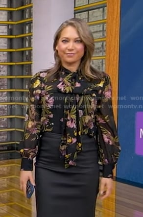 Ginger's black floral tie neck blouse on Good Morning America