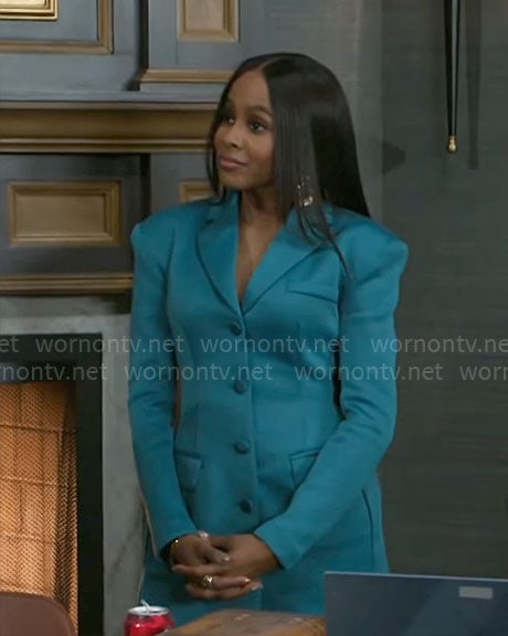 Hayley's teal green blazer dress on Beyond the Gates