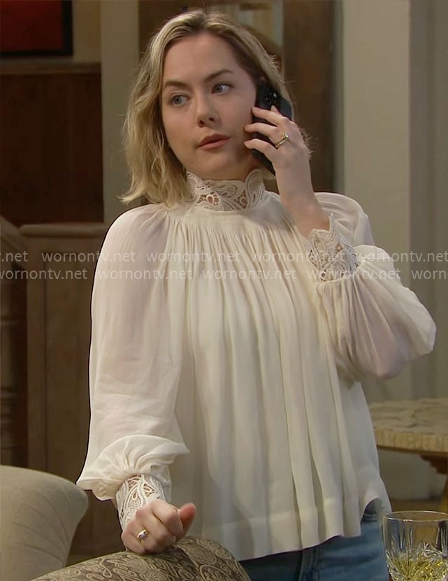 Hope's white lace trim blouse on The Bold and the Beautiful