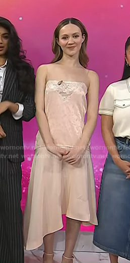 Iris Apatow's pink asymmetric slip dress on Today