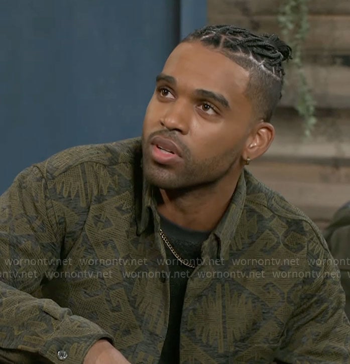 Izaiah's green printed shirt jacket on Beyond the Gates