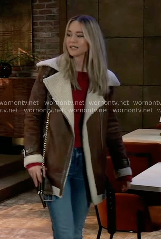 Jacinda's brown faux leather jacket with shearling trim on General Hospital