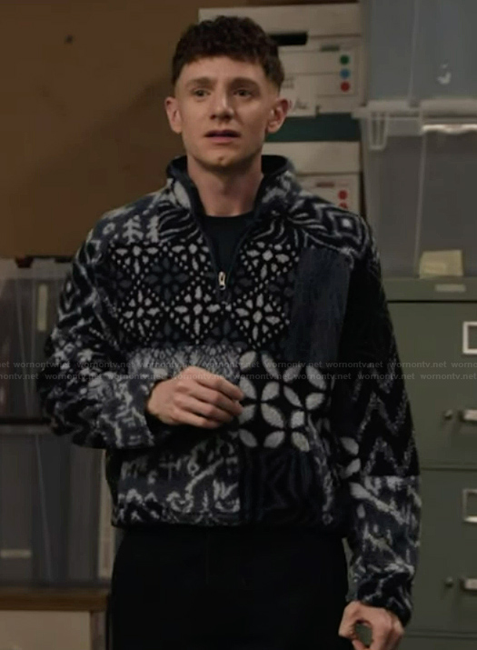 Jacob's blue fleece sweater on Abbott Elementary