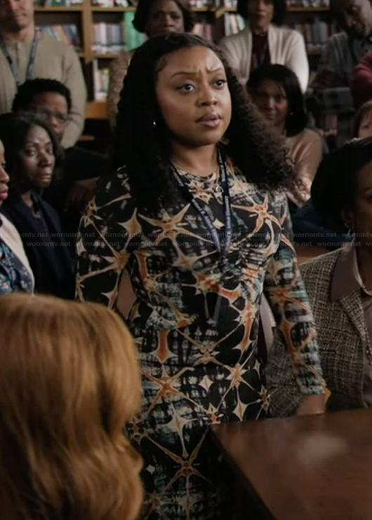Janine's black printed maxi dress on Abbott Elementary