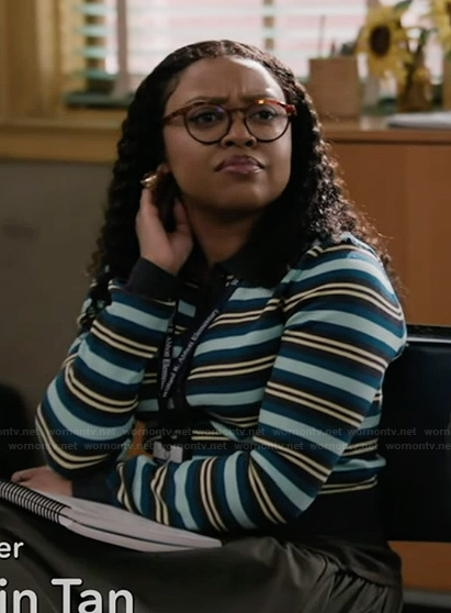 Janine's blue striped cardigan on Abbott Elementary