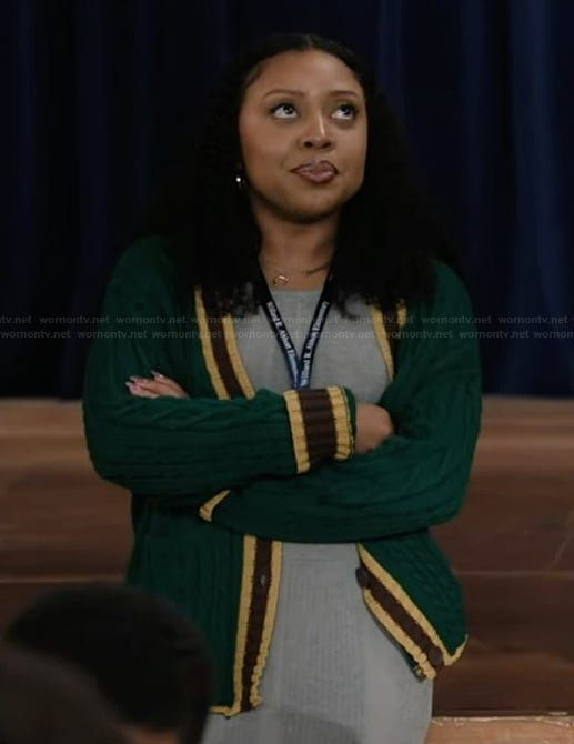 Janine's green cable knit cardigan on Abbott Elementary