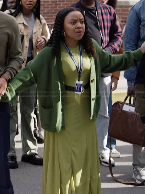 Janine's green knit cardigan on Abbott Elementary