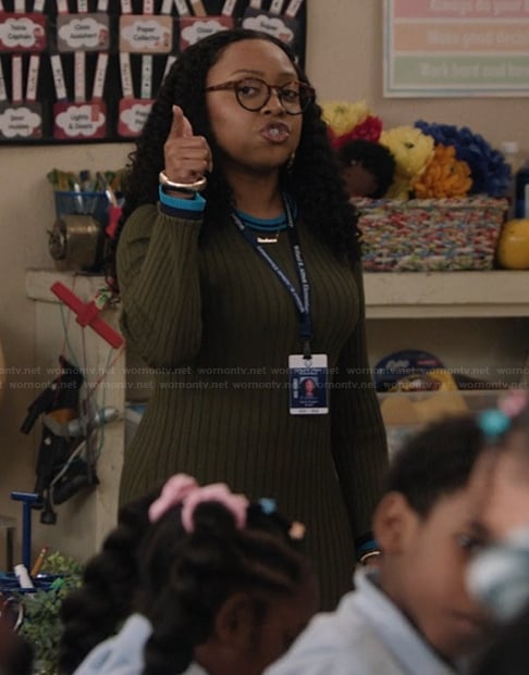 Janine's green ribbed dress on Abbott Elementary