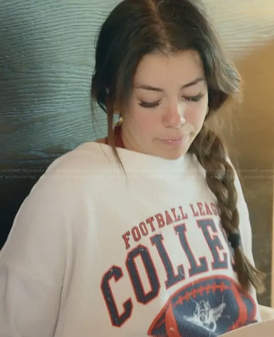 Jen's white printed sweater on The Secret Lives of Mormon Wives